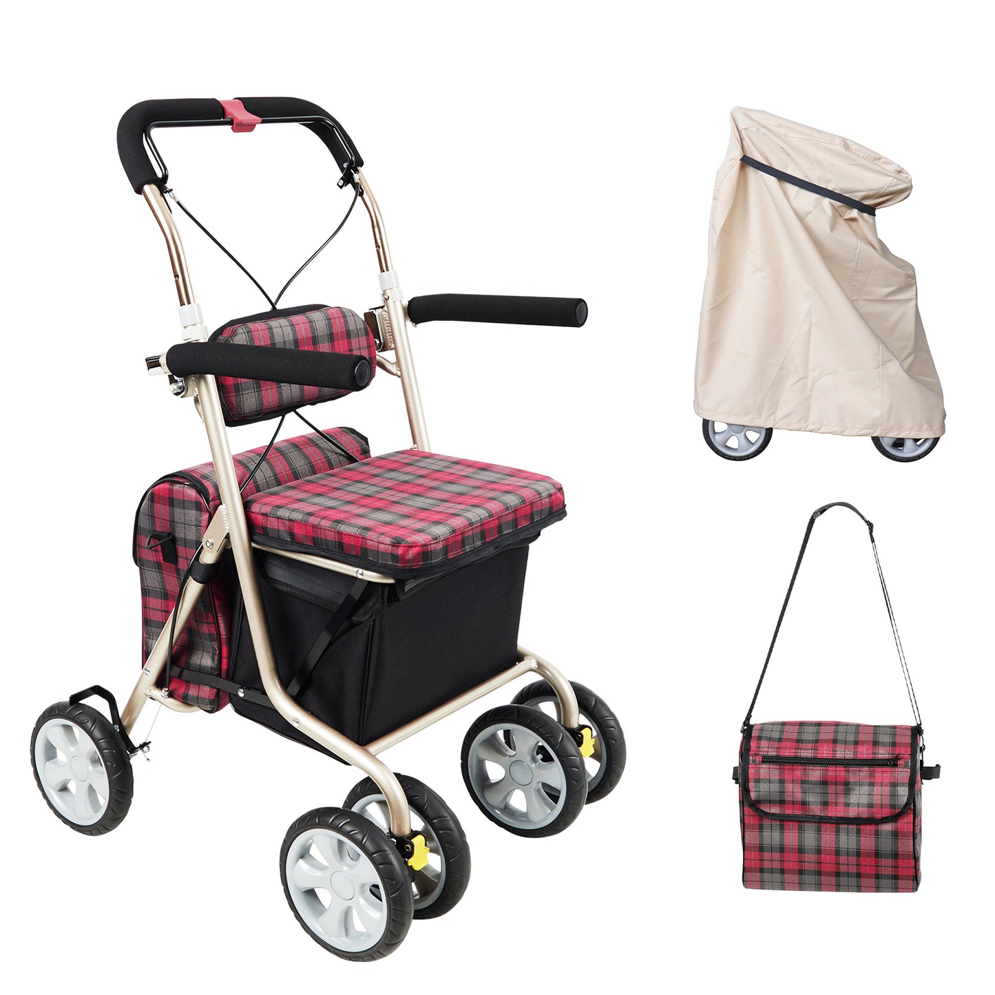 PIPIBEAR シルバーカー 歩行器 買い物カート 手押し車 ショッピングカート アルミ製 座れる 折り畳み 軽量 コンパクト 歩行器 高齢カート 7段階高さ調節 マルチレインカバー付き 肩掛けバッグ 折り畳み式 歩行補助 介護用品 室内室外兼用