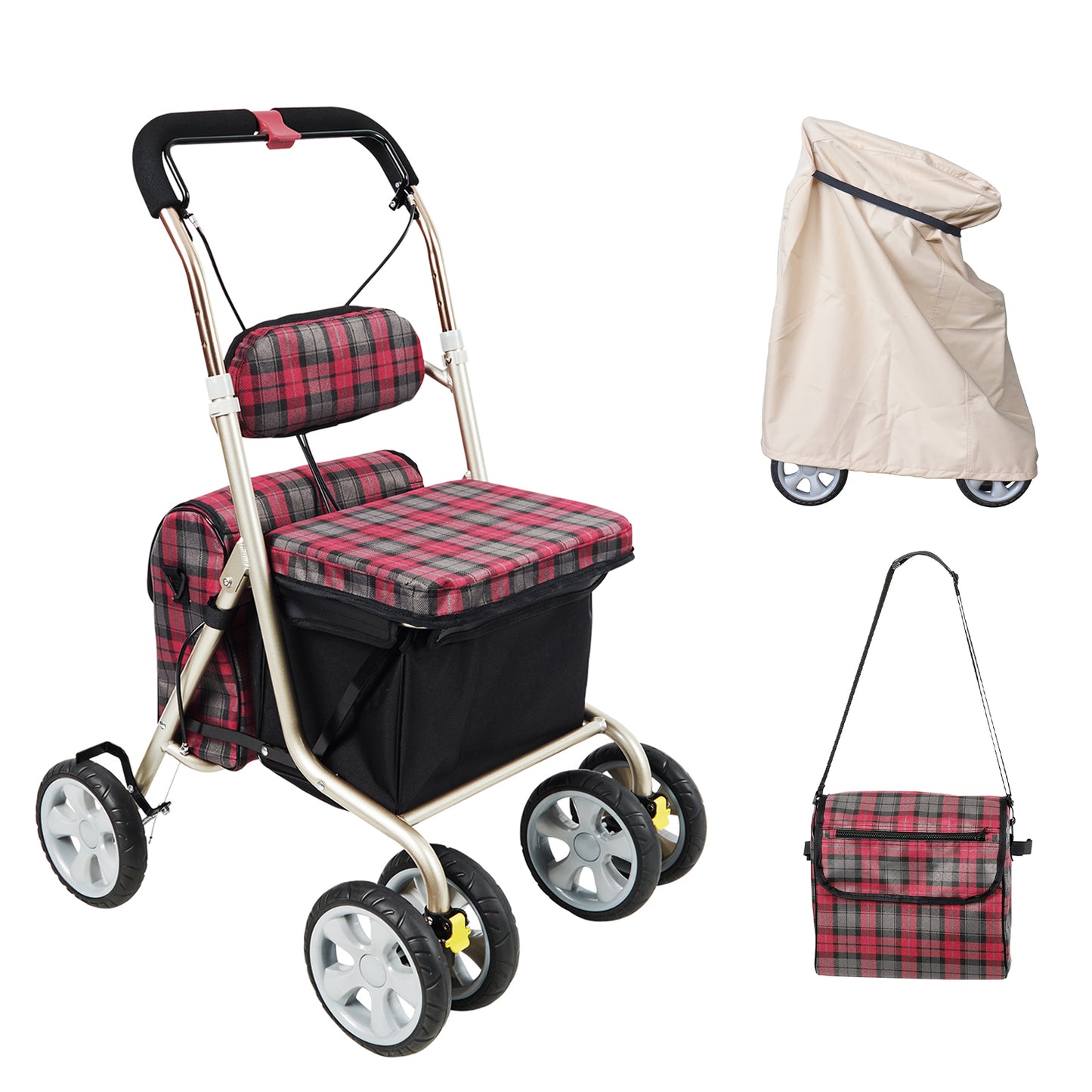 PIPIBEAR シルバーカー 歩行器 買い物カート 手押し車 ショッピングカート アルミ製 座れる 折り畳み 軽量 コンパクト 歩行器 高齢カート 7段階高さ調節 マルチレインカバー付き 肩掛けバッグ 折り畳み式 歩行補助 介護用品 室内室外兼用