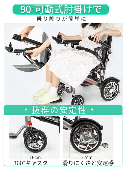 PIPIBEAR 電動車椅子 電動車いす 折りたたみ 軽量 コンパクト 車いす 航続15-18KM 軽量電動車椅子 キャリー 伸縮ハンドル付き 電磁自動ブレーキ フラッドライト付き 組み立て不要 障害者 高齢者 妊婦向け 日本語の説明書付き（PP-603L）